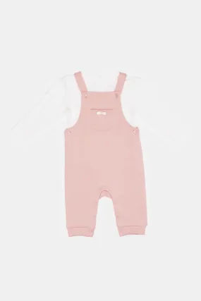 Babies Pink And White Textured Dungaree Set (2 Piece)