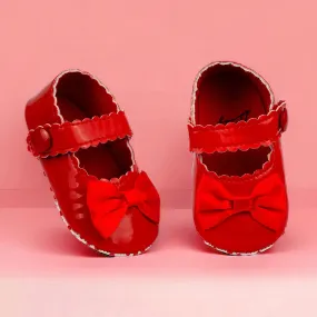 Baby Moo Bow Velcro Strap Patent Leather Anti-Skid Ballerina Booties - Red