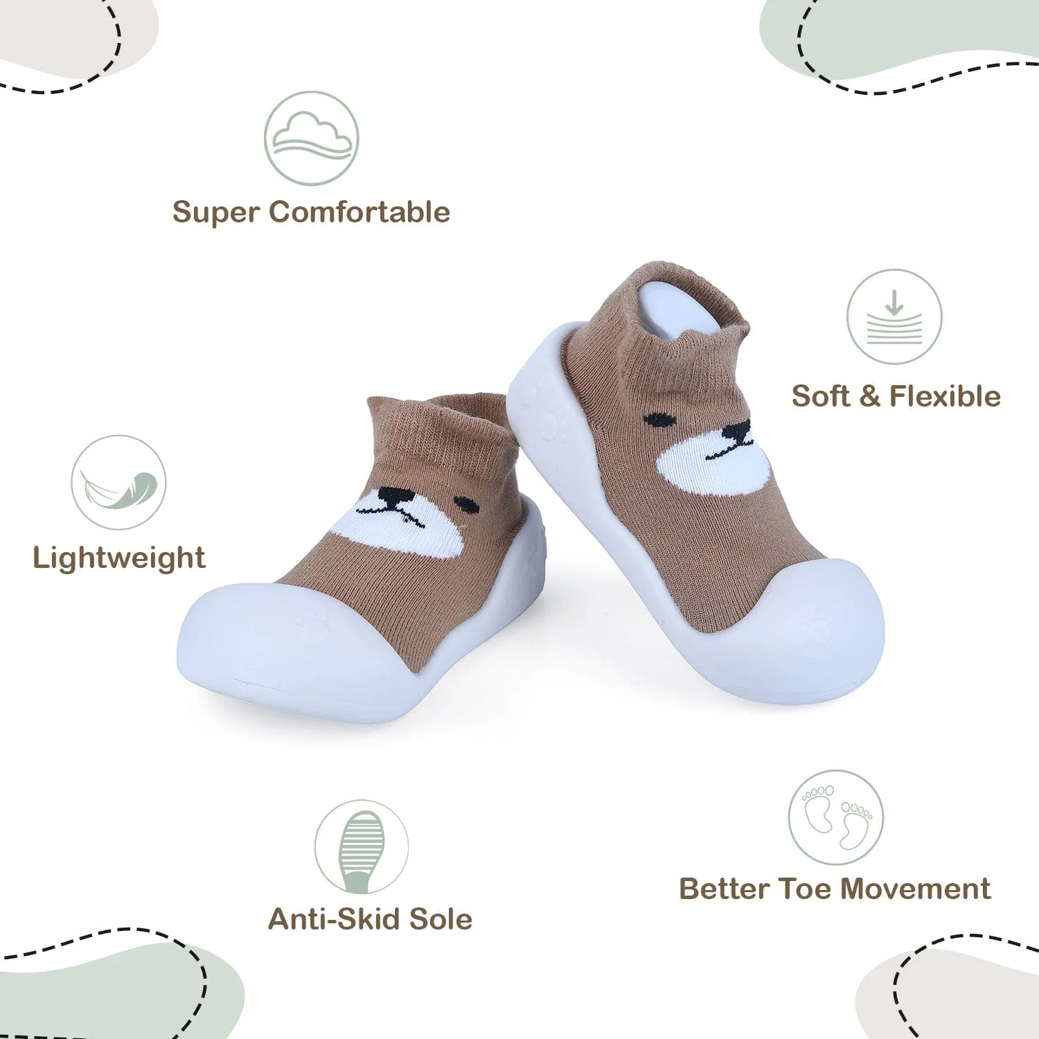 Baby Moo Cute Bear Rubber Comfortable Sole Slip-On Sock Shoes - Brown