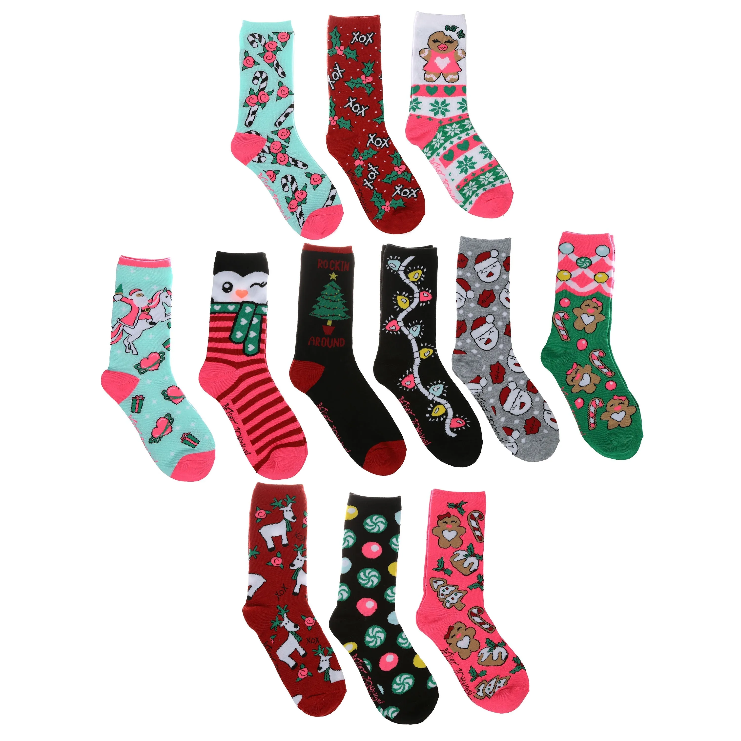 Betsey Johnson Women's 12 Pairs Holiday Crew Socks Cute, Colorful and Festive Design