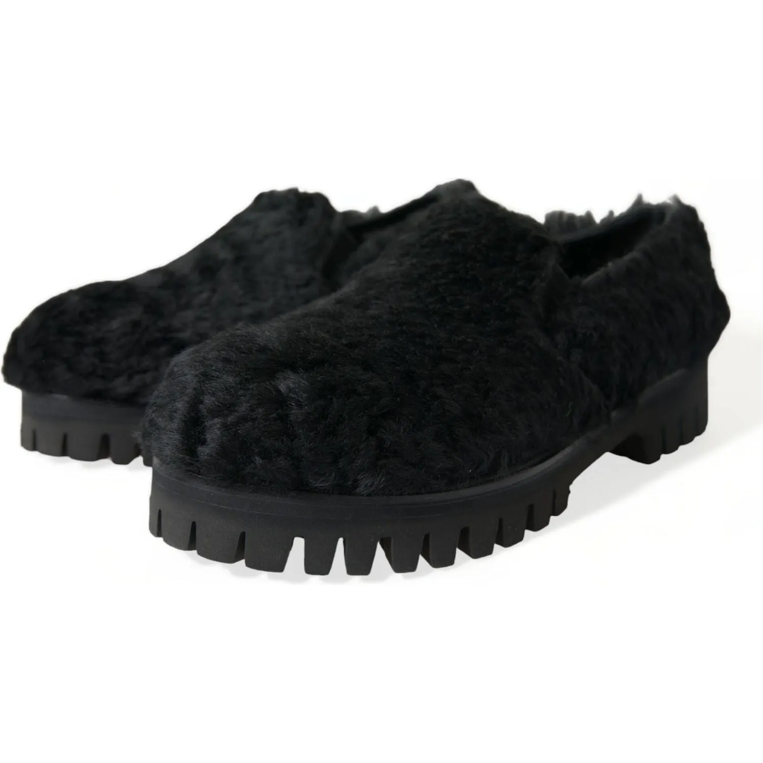 Dolce & Gabbana Elegant Black Fur Slip On Loafers for Men