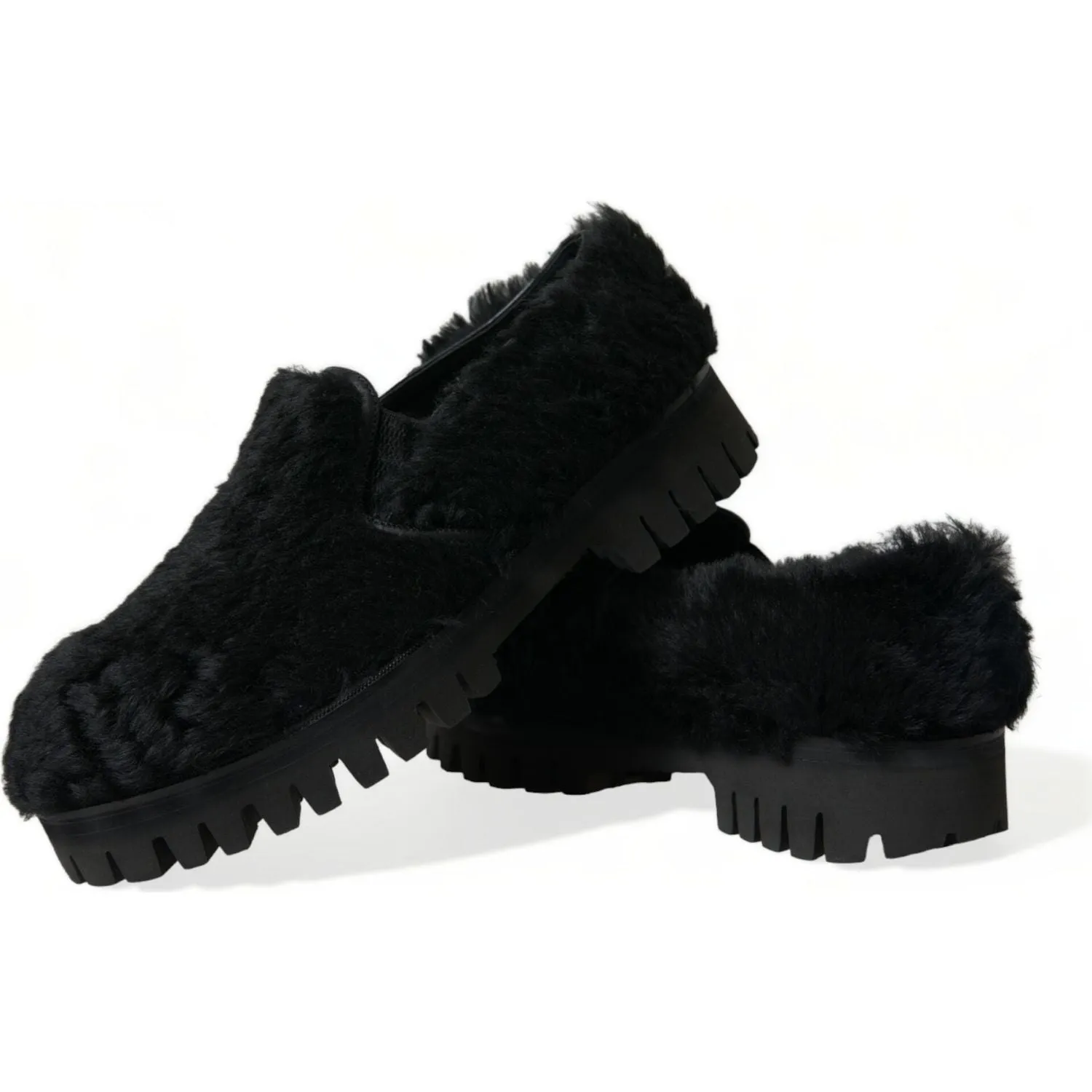 Dolce & Gabbana Elegant Black Fur Slip On Loafers for Men