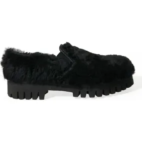 Dolce & Gabbana Elegant Black Fur Slip On Loafers for Men