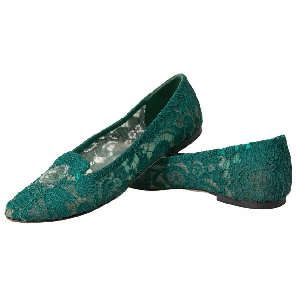 Dolce & Gabbana Green Taormina Lace Slip On Flats Shoes