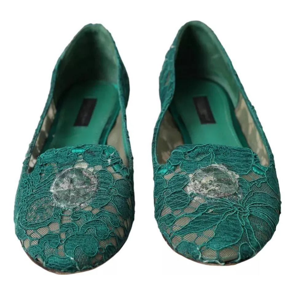 Dolce & Gabbana Green Taormina Lace Slip On Flats Shoes