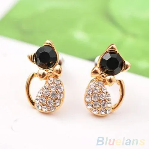 Elegant Women's Cute Cat Crystal Rhinestones Alloy Ear Studs Earrings Jewelry