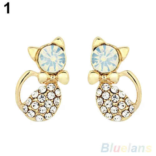 Elegant Women's Cute Cat Crystal Rhinestones Alloy Ear Studs Earrings Jewelry