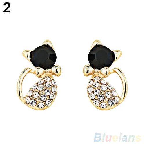 Elegant Women's Cute Cat Crystal Rhinestones Alloy Ear Studs Earrings Jewelry