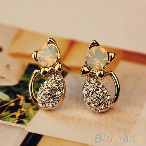 Elegant Women's Cute Cat Crystal Rhinestones Alloy Ear Studs Earrings Jewelry