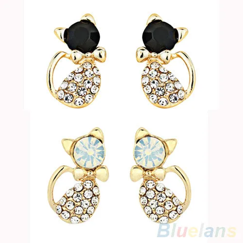 Elegant Women's Cute Cat Crystal Rhinestones Alloy Ear Studs Earrings Jewelry