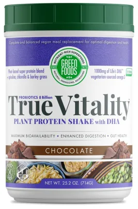 Green Foods True Vitality Plant Protein Shake with DHA-Chocolate 25.2 oz Powder