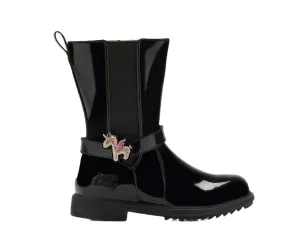 Lelli Kelly Girls BLACK PATENT Bliss Unicorn Charm Mid Boots