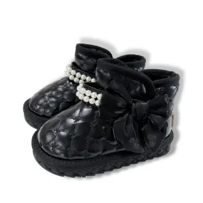 Pearl Strap Quilted Boots - Black