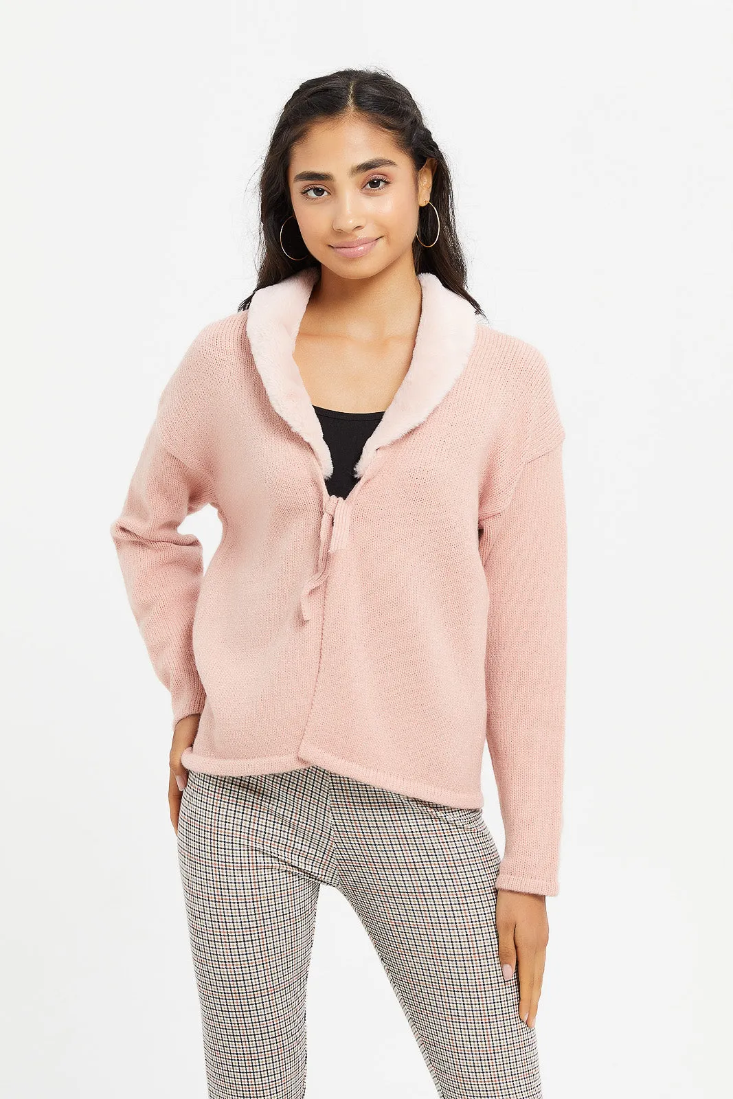 Senior Girls Pink Front Button With Fur jacket