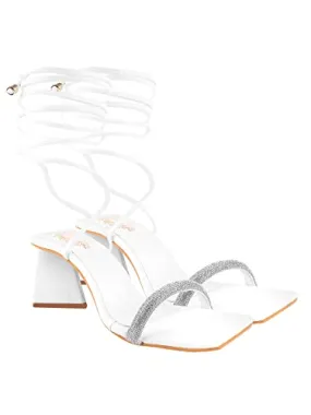 Shoetopia Embellished Studded Strap White Heeled Sandals