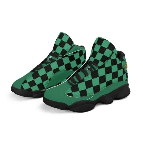 Skate shoe | High Top Sneakers | PU Vegan Leather Basketball shoes | Anime Slayer of Demon | Green Black Checkered